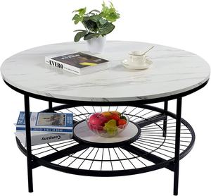 Mesa de Centro Redonda para Sala de Estar, Diseño Moderno en Forma de Sol con Almacenamiento Abierto, Tapa de Madera y Mármol, Estructura Metálica Resistente, Blanco y Negro - Product Image 2