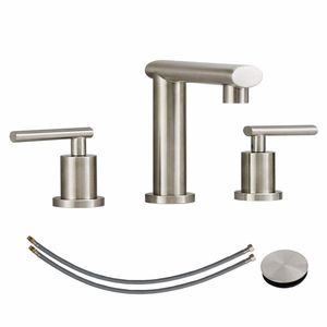 Rubinetto Moderno a 2 Maniglie per Bagno, Finitura Nichel Spazzolato, Stile Cascata, per Lavabo a 3 Fori - Product Image 1