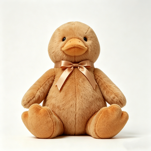 Peluche de Pato Marrón Suave - Pato de Peluche Acogedor Color Bronceado con Lazo de Satén Dorado Rosado, Clásico Peluche de Pato Neutral para Niños - Product Image 3