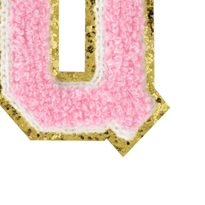 Patch lettre O en chenille rose avec bordure dorée scintillante, qualité supérieure personnalisée, appliqué thermocollant pour vêtements et accessoires - Product Image 2