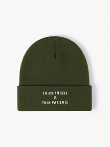 Thick Thighs X Thin Patience Embroidered Beanie Hat Olive Green Unisex Casual <b>Winter</b> <b>Cap</b> Hand Embroidery Letter Pattern Beanie - Product Image 1