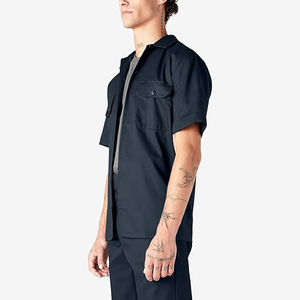 Ensemble de vêtements de travail pour homme, bleu marine, manches courtes, chemise boutonnée en coton et pantalon, couleur unie, décontracté, respirant, coupe classique, été - Product Image 2