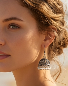 DIVYORO Boucles d'oreilles Jhumka en argent perlé, bijoux indiens traditionnels élégants, boucles d'oreilles ethniques pour femmes, pour mariage et festival - Product Image 3