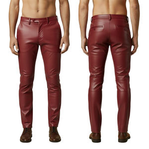 Pantalones de hombre color burdeos con revestimiento de PU, corte recto, frente liso, cierre de botón, lavado a la piedra, estilo moto, cintura alta, bolsillos laterales - Product Image 1