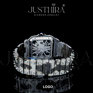 Montre de luxe pour homme en acier inoxydable avec cadran en verre et mouvement japonais, entièrement sertie de diamants Moissanite VVS noirs et blancs, fabriquée sur mesure - Product Image 5