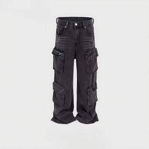 Vaqueros Cargo Holgados Negros Lavados Personalizados de Cintura Alta con Remaches, Pierna Ancha, Múltiples Bolsillos, Transpirables, Estilo Urbano Y2K para Invierno - Product Image 3