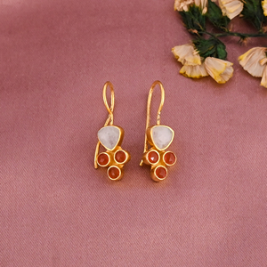 Trendy <b>Gold</b> Plated Natural Red Onyx & Rainbow Moonstone Gemstone 925 Sterling Silver <b>Dangle</b> <b>Earrings</b> for Women - Product Image 3