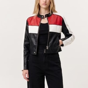 Women's Racing Leather <b>Jacket</b>, Cropped Black Red <b>White</b> Moto <b>Jacket</b> - Product Image 1