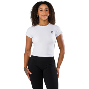 <b>Womens</b> Performance Tee <b>White</b> Soft Stretch Short Sleeve <b>Crop</b> <b>Top</b> <b>for</b> Gym Yoga Training Workout Fitness Athleisure Wear - Product Image 1