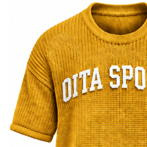 T-shirt tricoté pour homme Golden Mustard, manches courtes, col rond, texture décontractée, haut imprimé personnalisé, streetwear, mode estivale, vente en gros - Product Image 6