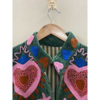 Veste en velours et coton brodée à la main pour femme, manches longues, col mandarin, motif cœur bohème, hiver