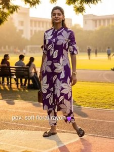 <b>Women</b> Floral Printed Rayon <b>Kurta</b> with Trousers Regular Fit Knee-Length Casual Wear India Pakistan Style Wrinkle Free Quick Dry - Product Image 4