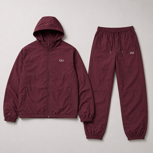 Survêtement coupe-vent à capuche bordeaux, vêtements de sport en gros, veste légère zippée et pantalon à cordon de serrage, tissu polyester personnalisé OEM - Product Image 5