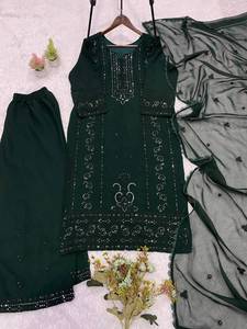 Conjunto de Salwar Kameez de Seda Verde Esmeralda para Mujer, Kurta Pajama Bordada con Cuentas hasta la Rodilla con Dupatta - Product Image 5