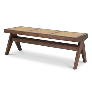 Banco Moderno de Madera de Teca con Asiento de Ratán Tejido, Diseño de Mediados de Siglo, Mueble para Dormitorio o Sala de Estar, Patas en X Estables, Decoración para el Hogar, Modelo ZKA03 - Product Image 1