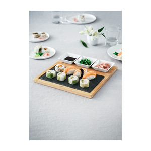 Tagliere in bambù con tre piatti in ceramica per servire bistecca e contorni - Product Image 2