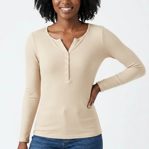 Women's Athleisure Ribbed Long Sleeve Top Snap Button Notch Neck Soft Stretch Fabric Custom <b>Label</b> OEM Wholesale Supplier - Product Image 1