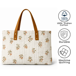 Bolso Tote Bohemio Acolchado Floral con Asas de Cuero Marrón, Estilo Vintage, para Uso Diario en Verano, Tela de Algodón, Impresión a Mano Premium - Product Image 4