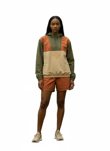 Conjunto de 2 piezas de chaqueta de poliéster con media cremallera y pantalón corto de chándal con camuflaje personalizado, chándal deportivo de nailon con patchwork, cortavientos para hombre - Product Image 6