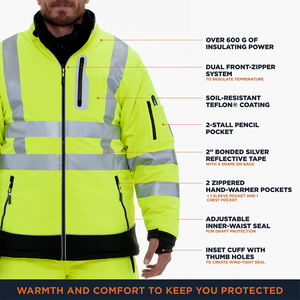 Chaqueta de Seguridad de Trabajo para Invierno con Capucha, Diseño Personalizado, Manga Larga, Cierre de Cremallera, Transpirable, Resistente al Viento, Reflectante para Seguridad Vial - Product Image 3