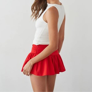 Women's Red High Waist Ruffle A-<b>Line</b> Mini Skirt Solid Color Satin Woven Sporty Style Breathable Quick Dry 80g Polyester/Cotton - Product Image 4