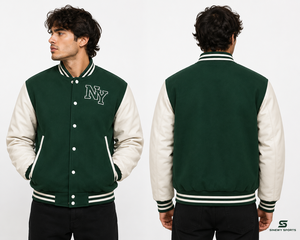 Veste de sport SINEWY pour homme, verte, style varsity, en cuir véritable, doublure en polyester, logo NY brodé, respirante, séchage rapide, coupe classique - Product Image 3
