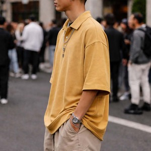 เสื้อโปโลโอเวอร์ไซส์ผู้ชายแบบกำหนดเอง สีเหลืองมัสตาร์ด ผ้าฝ้าย ทรงหลวม สตรีทแวร์ลำลอง เสื้อยืดแขนสั้น - Product Image 6