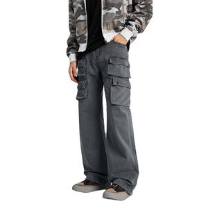 Pantalon Cargo Décontracté Homme Gris en Toile de Haute Qualité, Coupe Ample Empilée, avec Poches Latérales, en Denim Droit 100% Coton - Product Image 3