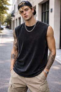 Camisetas sin mangas de cuello alto para hombre, 100% algodón, estilo formal, corte regular, estilo vintage lavado, estampado de leopardo, ODM - Product Image 6