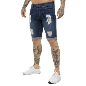 Shorts en jean bleu-noir personnalisés pour homme, style streetwear déchiré, coupe skinny, avec poches, pour l'été - Product Image 4