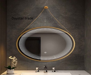 Miroir de salle de bain suspendu rond moderne Daystar Trade avec rétroéclairage LED, capteur tactile et sangle décorative dorée, modèle DST-AT-210 - Product Image 1
