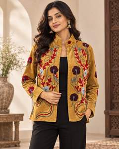 Mustard <b>Velvet</b> Embroidered Suzani <b>Jacket</b> for <b>Women</b> Handmade Boho Ethnic Winter Coat Vintage Style Wholesale Ladies Outerwear - Product Image 2