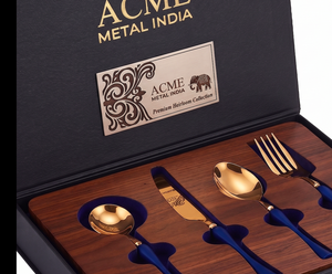 Juego de cubiertos de acero inoxidable con mango de cerámica azul real y detalles en oro PVD, resistente al óxido, moderno y lujoso para cenas y fiestas. - Product Image 3