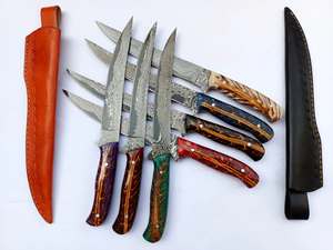 Handmade Damascus Steel Fillet Knife Set Professional Fish Fillet Knives with Pine Cone Resin Handle Genuine <b>Leather</b> Sheath - Product Image 2