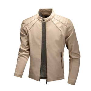 Men's <b>Brown</b> PU Leather Moto Jacket Stand Collar Zipper Closure Regular Sleeve Autumn Wear Solid Color Slim Fit - Product Image 4