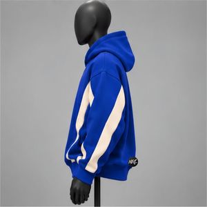 Sweat-shirt à capuche bleu surdimensionné pour homme avec empiècements crème, manches classiques, style décontracté pour l'automne, en tissu FRENCH TERRY tricoté - Product Image 3