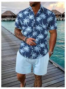 Conjunto de dos piezas con estampado de palmeras para hombre, camisa de manga corta con botones y pantalones cortos con cintura elástica, conjunto ligero para la playa - Product Image 3