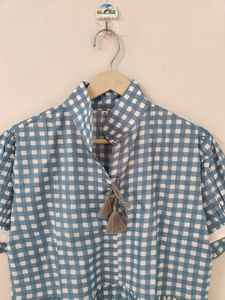 ชุดเดรสผ้าฝ้ายสีน้ำเงินสำหรับผู้หญิง, เดรสสั้นคอปกแขนสั้นทำมือสำหรับฤดูร้อน, เสื้อเชิ้ตสไตล์โบโฮลำลอง - Product Image 2