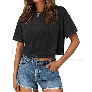 Wholesale 100% Cotton Summer <b>Crop</b> <b>Top</b> Women's T-shirt Acid Washed Oversized Drop Shoulder Eco-Friendly Quick Dry Custom Logo Hip - Product Image 5