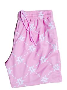 Pantalones cortos de malla con estampado de logotipo en todo el color púrpura con bolsillos de dobladillo profundo y etiqueta personalizada en patrón unisex hecho en Pakistán - Product Image 5