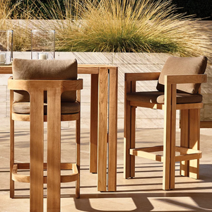 Chaise de bar d'extérieur de style scandinave, siège en teck massif de qualité supérieure, coussin et accoudoirs ouverts, mobilier écologique, bar de café de luxe - Product Image 6