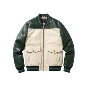 Blouson Bomber en Cuir Vert et Crème pour Homme – Style Universitaire Vêtement d'extérieur en Cuir Véritable Streetwear - Product Image 1