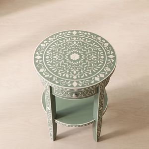 Table de chevet ronde en os vert incrusté, faite à la main, 1 tiroir, table de nuit de luxe, motif marocain, meubles de chambre à coucher - Product Image 3