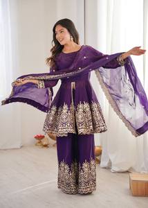 Indian Exporter Traditional Indian <b>Top</b> Plazzo Set Dupatta Pure Silk Knee-Length Parties Celebrations Natural Waist - Product Image 2