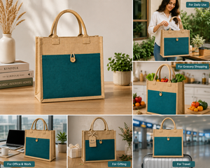 Sac fourre-tout moyen en jute AMANI avec fermeture à bouton, motif lettres, poignée longue – Idéal pour cadeaux et courses - Product Image 4