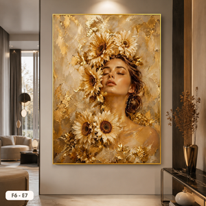 Tableau encadré en toile acrylique fait main HALO Brand, style peinture sur soie, motif tournesols dorés abstraits, décoration murale intérieure de luxe - Product Image 5