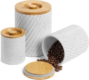Pot de rangement en céramique de luxe avec couvercle en bambou, texture mouchetée, hermétique, organisateur de cuisine moderne, pot de comptoir, style premium - Product Image 4