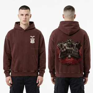 Sweat à capuche personnalisé épais rouge délavé à l'acide, imprimé graphique gothique Cold Blood, coupe oversize en molleton bouclette, pour homme, style streetwear, fabricant - Product Image 6