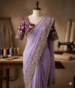 Sari de fête en georgette blanche de qualité supérieure avec broderie fantaisie - Product Image 3