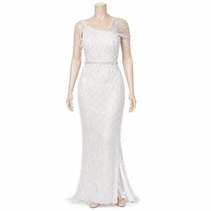 Luxury White One Shoulder Beaded Evening Gown for Women Fringe Mermaid Maxi Dress Formal Wedding Reception Party Prom Dress - Product Image 1